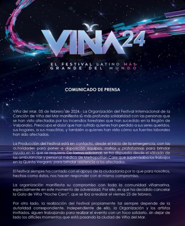 Cancelan una gala del Festival de Viña del Mar 2024 a causa de los incendios en Chile