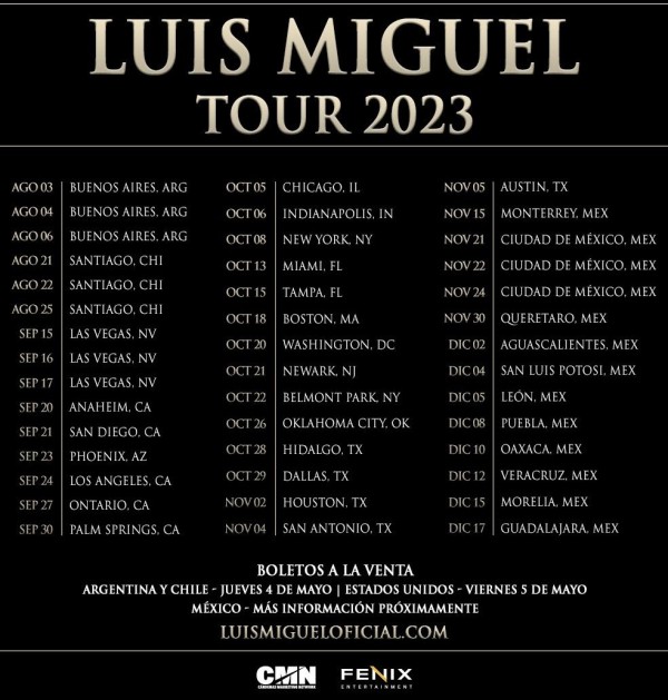 El Luis Miguel Tour 2023 arrancará en agosto en Buenos Aires y concluirá en Jalisco en diciembre