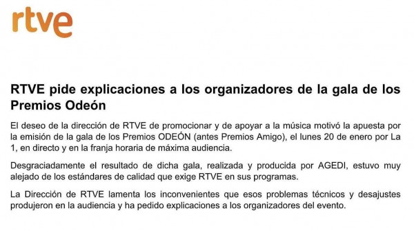 RVTE dice que la gala de los Premios Odeón no alcanzó los estándares de calidad que exige en sus programas